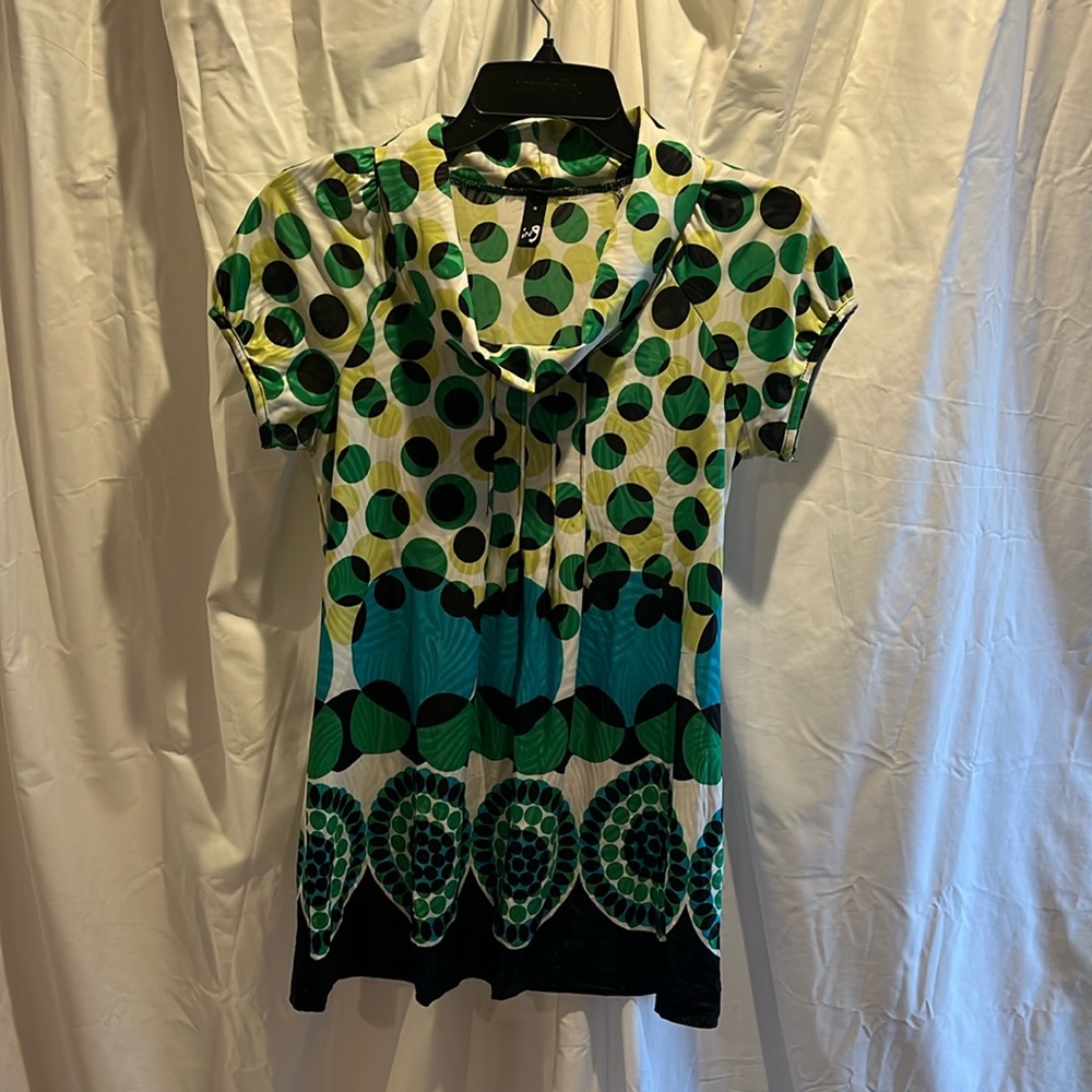 Green, lime green, turquoise, black & white long print blouse